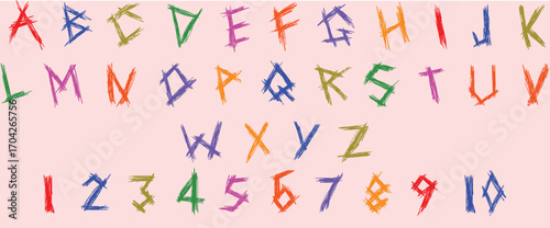 Colorful crayon alphabet and numbers for playful kids’ learning. Vibrant hand-drawn style ideal for educational designs. Perfect for posters, worksheets, or creative materials.