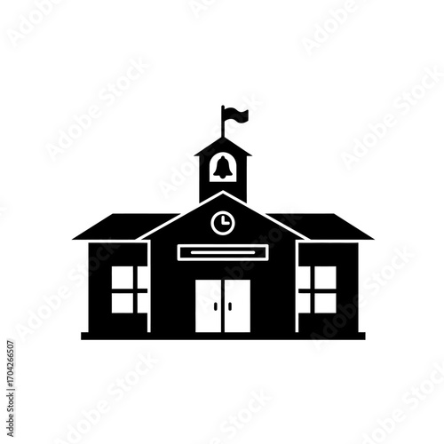 Classic black silhouette icon of a school building with a prominent bell tower and flying flag. A versatile vector graphic representing education, learning, and academic institutions worldwide