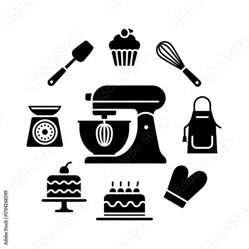 Baking tools and dessert icons with cakes, mixer, whisk, and kitchen equipment illustration