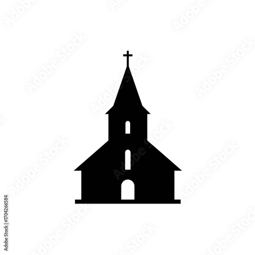 Silhouette of a church with a steeple and cross, representing faith and community
