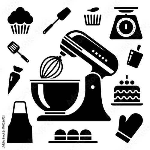 Baking tools and dessert icons with cakes, mixer, whisk, and kitchen equipment illustration