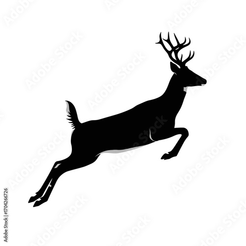 Silhouette of a jumping deer. Black and white animal illustration. Wildlife graphic design