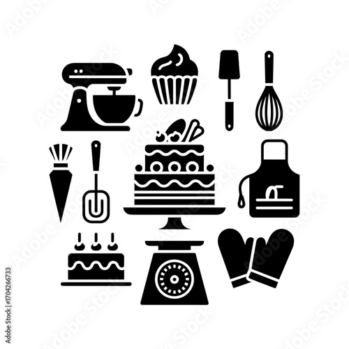 Baking tools and dessert icons with cakes, mixer, whisk, and kitchen equipment illustration