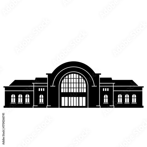 Black and white silhouette of a grand train station with arched windows and a large central entrance, ideal for transportation or travel-themed designs