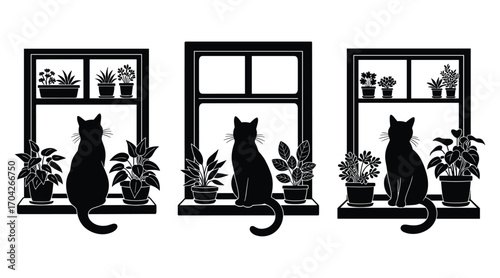 Three black cat silhouettes sitting on windowsills with potted plants vector