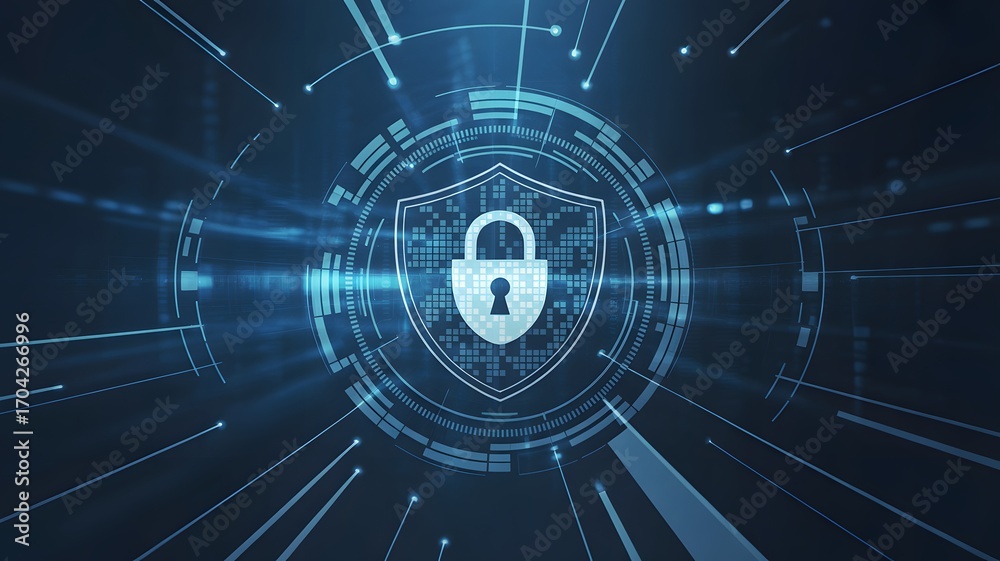 Obraz premium Digital security shield with padlock and abstract technology background