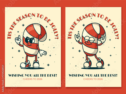 Vintage Christmas card with jolly candy cane mascot tis the season greeting with snowflakes and peppermint stripes