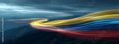 Futuristic Representation of Ecuadorian Flag Waves in a Digital Animated Scene with Abstract Motion Effects