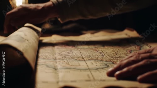 Unfurling an Antique Map: A Journey Through Time and Cartography Under the Warm Glow of an Oil Lamp