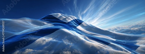Futuristic Animated Finland Flag Waves in a Digital Skyline with Blue Sky and Dynamic Light Effects