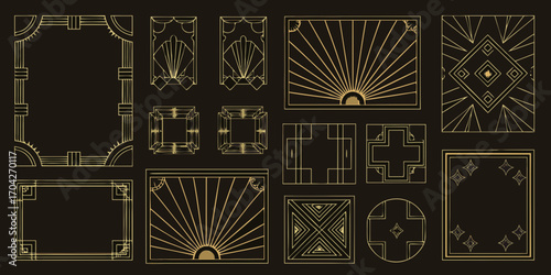 Collection of art deco geometric frames and borders in gold line art on black background