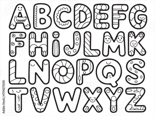 Printable ABC worksheet with cartoon decorated letters black and white