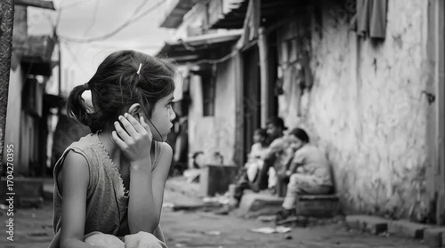 Black and white portrait of a young girl in a slum