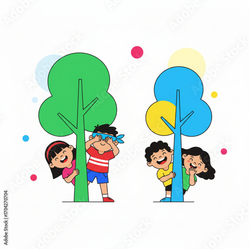 Three happy children are playing hide and seek behind the trees, laughing with joy