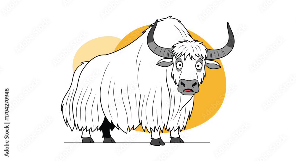 A large hairy white yak stands on a plain with two yellow circles behind it.