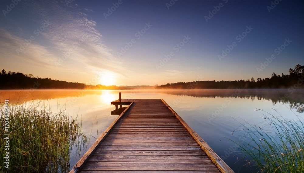 Naklejka premium A Tranquil Lakeside Dock At Dawn
