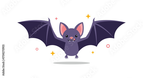 A cute cartoon bat with outstretched wings in flight.
