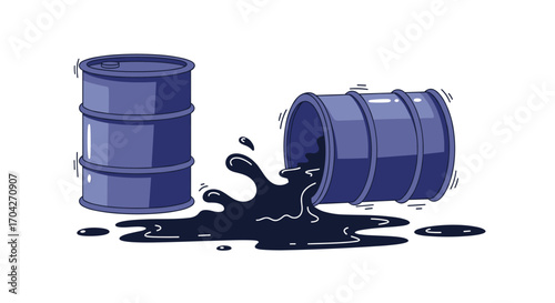 Two dark blue barrels one upright and one spilling out its contents.