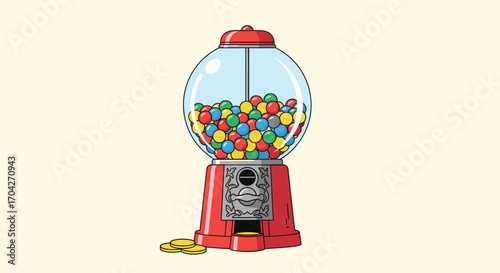 A classic red gumball machine filled with colorful candy pieces dispensing coins.