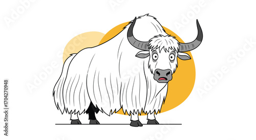 A large hairy white yak stands on a plain with two yellow circles behind it.