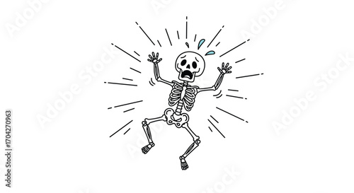 A frightened skeleton in mid air with radiating lines.