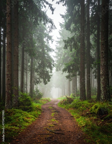 Misty forest path.  Dense trees line a dirt road, shrouded in a light fog.  Peaceful, quiet atmosphere
