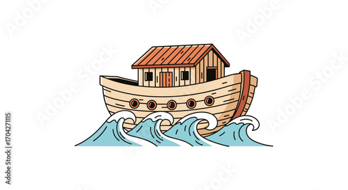 Noah's ark sailing through the ocean on a stormy day.