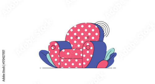A cute armchair with a playful polka dot design sits with plants.