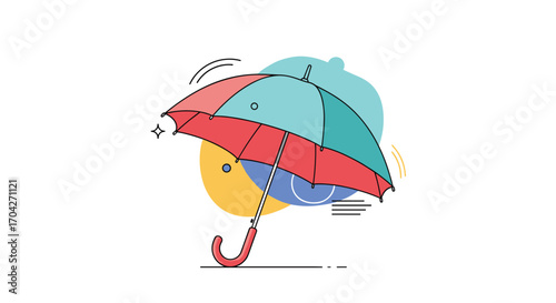 Stylized illustration of a red and teal umbrella opening up with abstract shapes in the background.