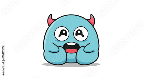 A cute blue cartoon monster with big eyes and small horns is looking up with an open mouth.