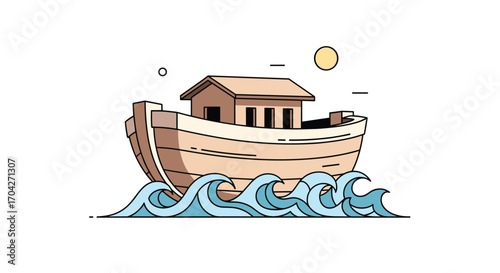 Noah's ark sailing on wavy ocean waters under a bright sun.
