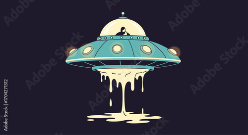A pixel art illustration of a flying saucer with a person inside emitting a creamy substance.