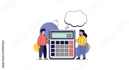 Two people discussing calculations with a calculator.