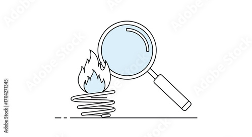 A magnifying glass examines a burning object with a coiled base.