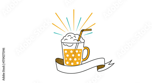 A delightful fizzy drink with a straw and a banner below it.