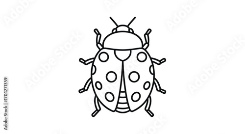 A close up black and white illustration of a ladybug on a white background.