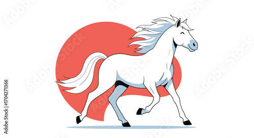 A powerful white horse gallops with its mane flowing against a red sun disk.