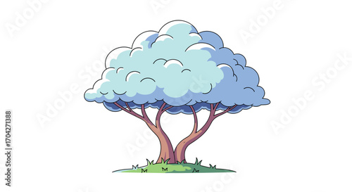 A stylized fluffy tree with a light blue canopy and brown trunk stands tall.