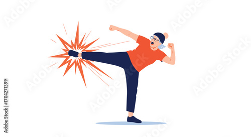 A person in athletic clothing performs a powerful martial arts kick with great force.