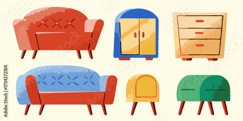 Collection of colorful stylized cartoon furniture including armchairs a cabinet and a chest of drawers