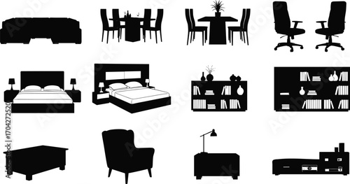 Black silhouette vector set of modern and classic home furniture including beds, dining tables, office chairs, bookshelves, armchairs, nightstands, and TV stands.