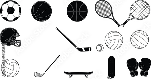 Black and white vector illustration of various sports equipment including soccer ball, basketball, tennis rackets, helmets, hockey stick, skateboard, golf club, volleyballs, and boxing gloves.