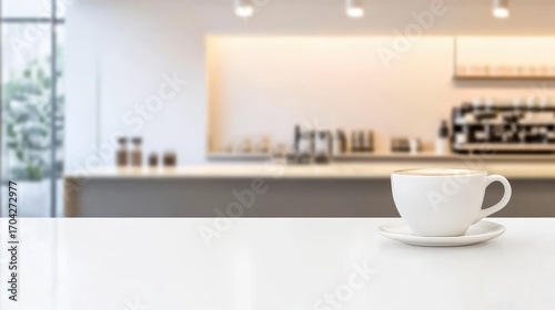 Wallpaper Mural Coffee cup on white table in blurred cafe background Torontodigital.ca