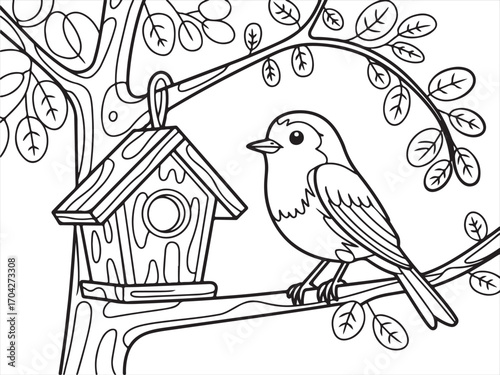 Decorative birdhouse with perched bird sketch coloring page for kids
