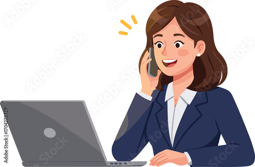 Businesswoman talking on phone, working on laptop, office environment, corporate attire, communication, multitasking, technology, remote work, smiling face.