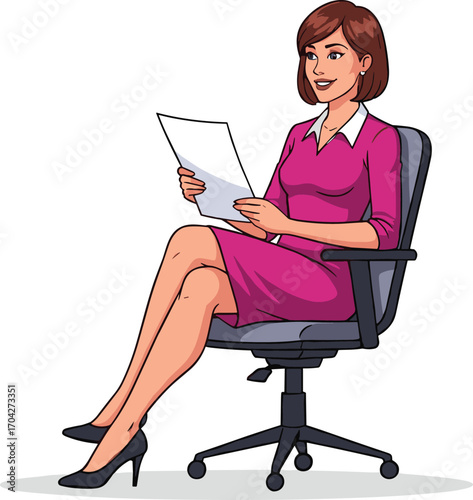 Businesswoman sitting on office chair, reading document, professional woman in pink dress, corporate attire, confident female, workplace, executive style