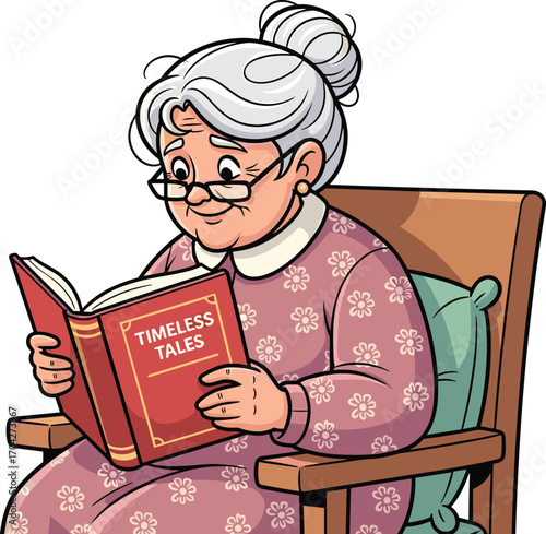 Cartoon elderly woman reading book, sitting in chair, wearing glasses, peaceful expression, relaxing moment, timeless tales, literature, grandma illustration