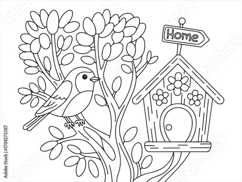 Birdhouse coloring page with perched bird, tree branch, and welcome sign, black and white line art illustration for kids and adults relaxing outdoor nature printable activity sheet