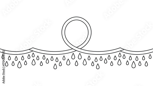 A black and white drawing of a looped line with raindrops hanging from a wavy line underneath it all