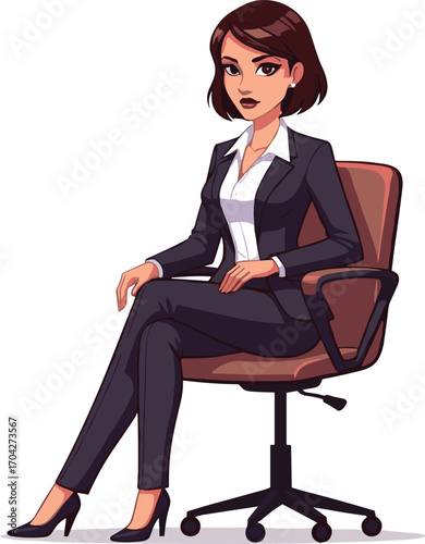 Confident businesswoman sitting on office chair, professional woman in suit, corporate style, executive female, business attire, poised leadership, modern workplace